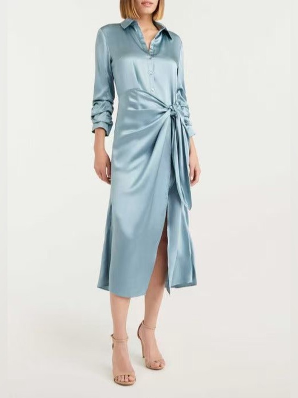 NWT $595 Cinq À Sept Jacey Silk Charmeuse Midi Wrap Shirtdress In Ocean Dew